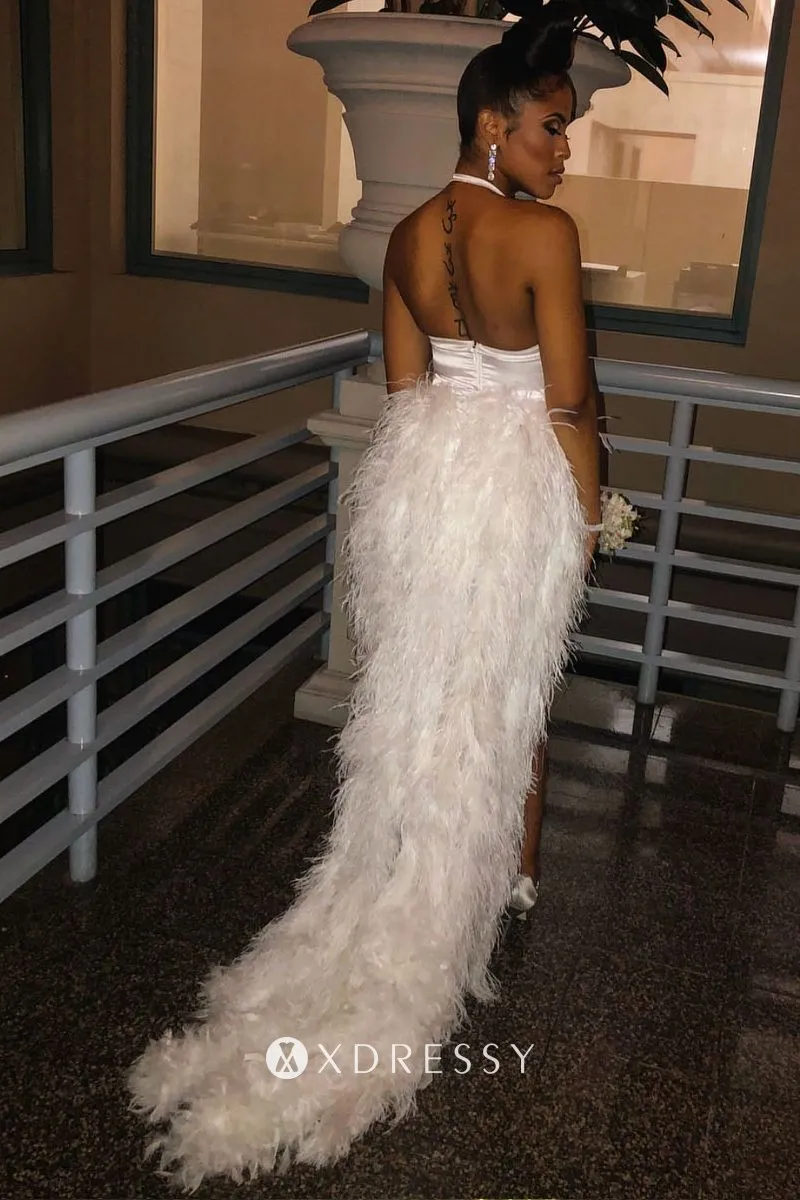 low back beaded ivory feather slit prom dress low back beaded ivory feather slit prom dress
