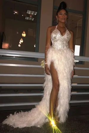 whimsical beaded ivory feather slit prom dress