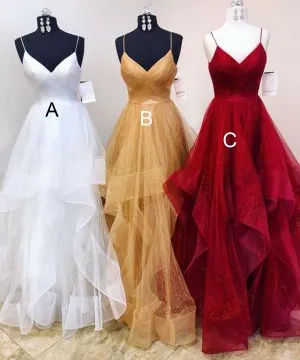 spaghetti strap flounced tulle designer ball gown