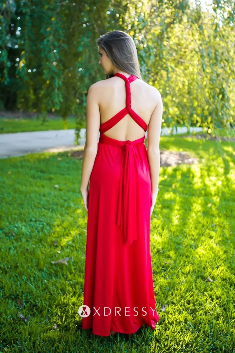 backless with straps bright red jersey A line bridesmaid dress