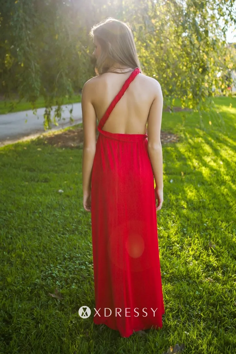 convertible back strap bright red jersey A line bridesmaid dress