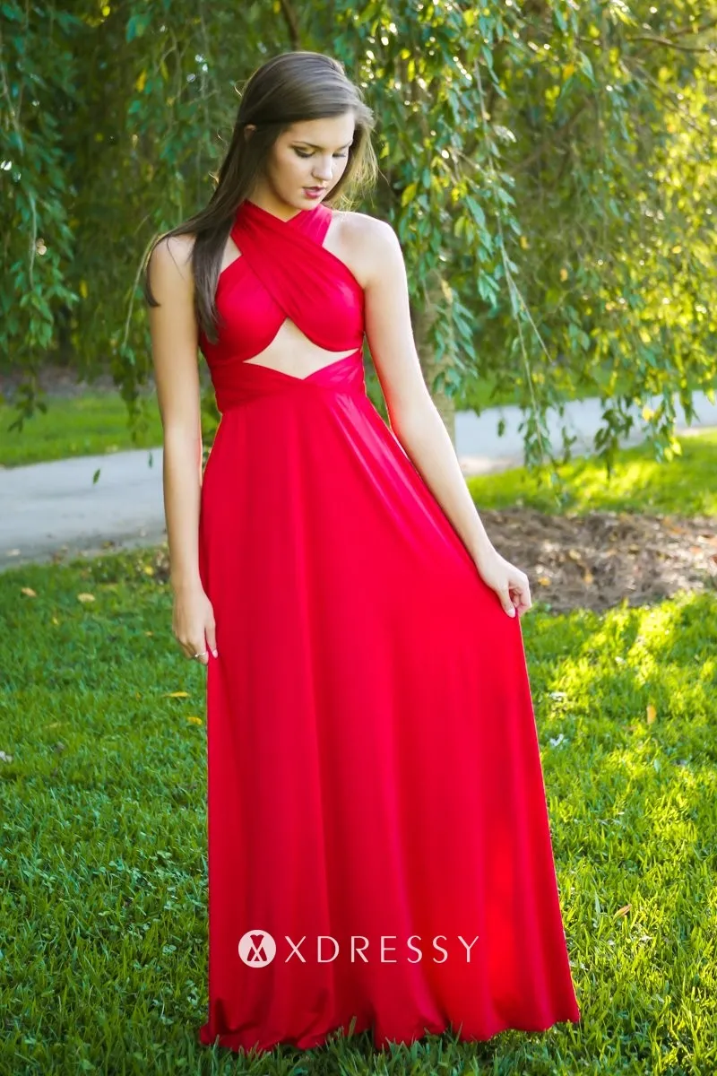 criss cross neck bright red jersey A line bridesmaid dress