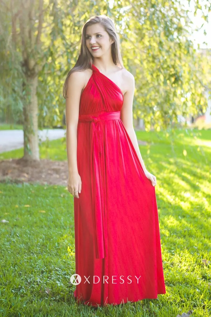 one shoulder bright red jersey A line bridesmaid dress
