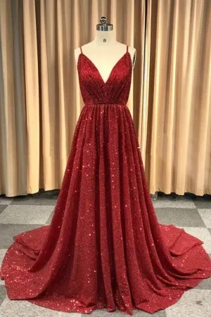 glittery lipstick red V neck puffy long prom dress