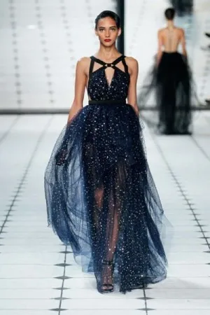 sexy sheer space color tulle backless prom dress