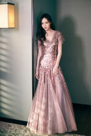 drop waist mauve sequinned tulle cute formal dress