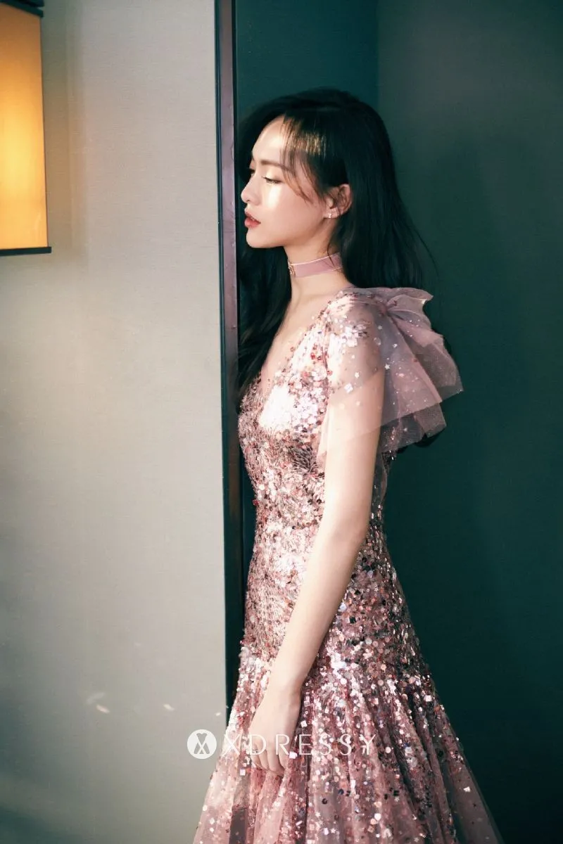 short sleeve mauve sequinned tulle cute formal dress short sleeve mauve sequinned tulle cute formal dress