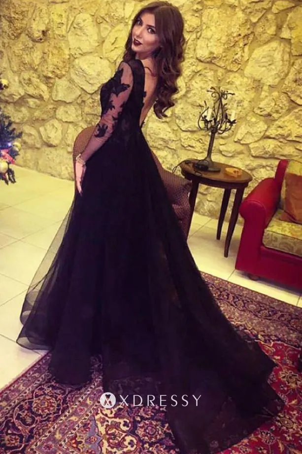 V back black lace tulle formal dress
