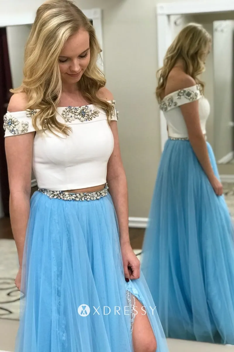 rhinestones white satin blue tulle off the shoulder slit prom dress rhinestones white satin blue tulle off the shoulder slit prom dress