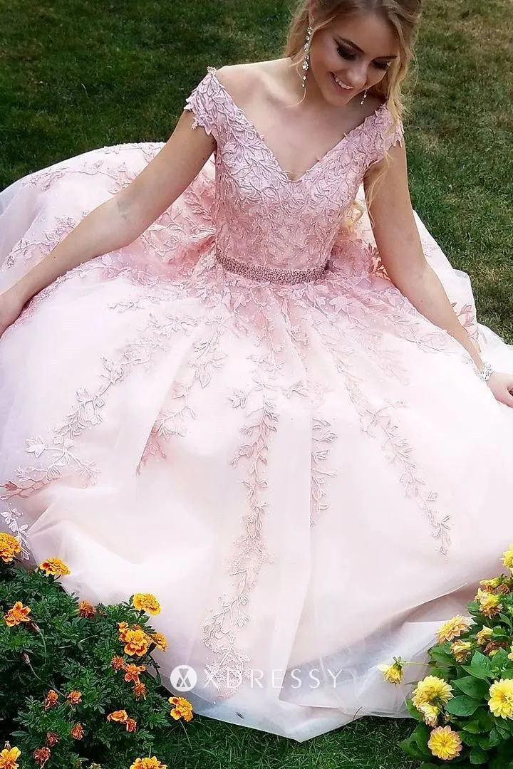 cap sleeve V neck pink lace tulle long formal dress cap sleeve V neck pink lace tulle long formal dress