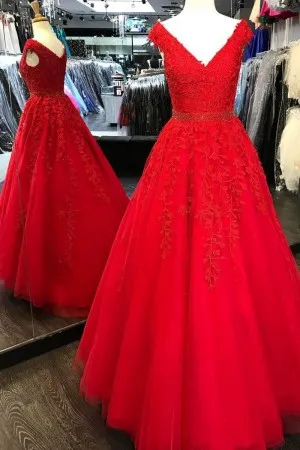 cap sleeve V neck red lace tulle long formal dress