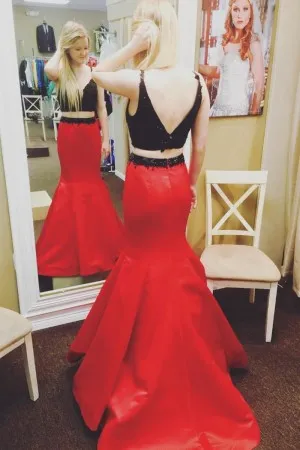 two piece black lace red satin V back prom dress
