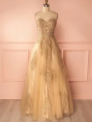empire waist beaded lace gold tulle prom dress