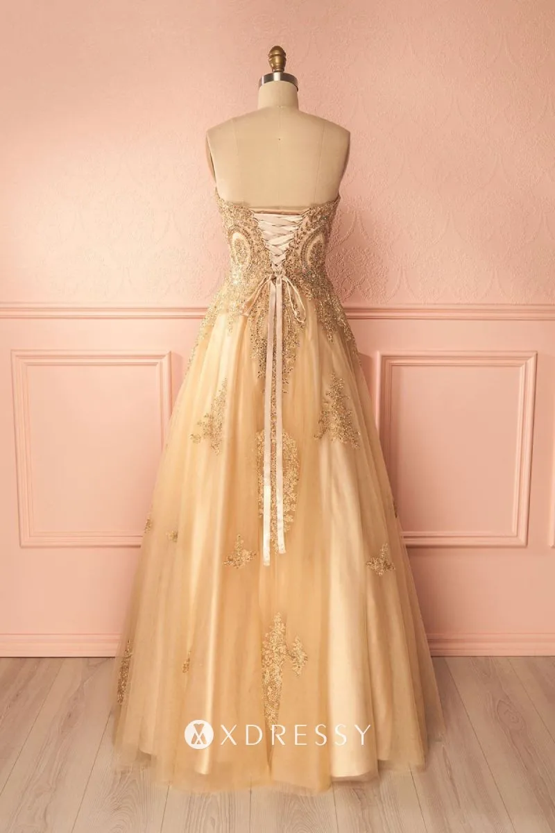 Empire Waist Beaded Lace & Gold Tulle Prom Dress - Xdressy