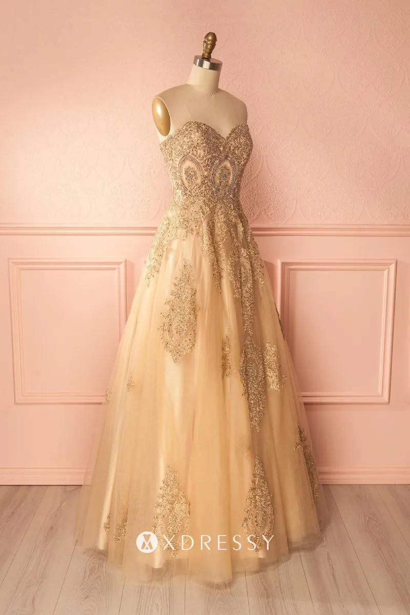 Empire Waist Beaded Lace & Gold Tulle Prom Dress - Xdressy