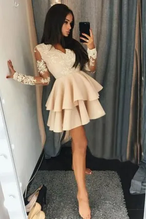 two tiered short nude lace satin cocktail dress