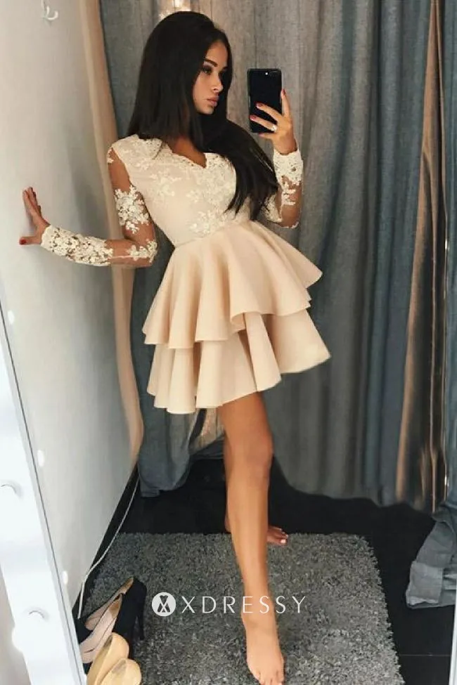 two tiered short nude lace satin cocktail dress