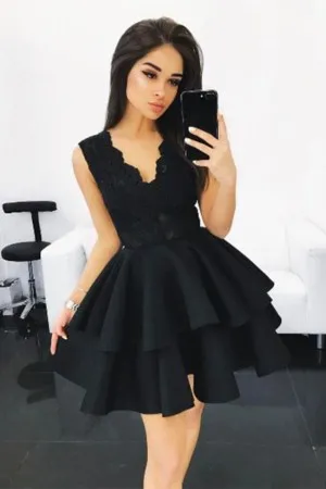 scalloped black two tiered short cocktail dress