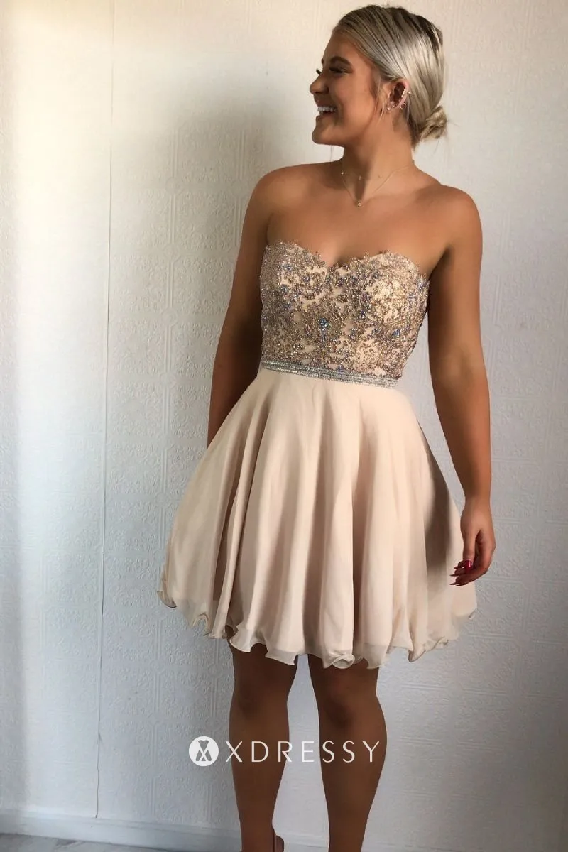 Beaded Strapless Champagne Short Cocktail Dress Xdressy