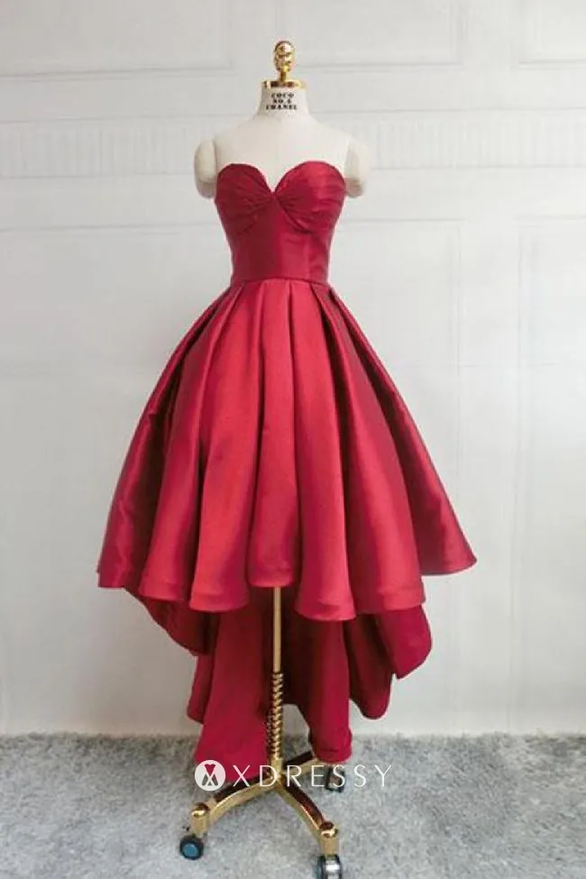 strapless high low crimson satin prom ball gown strapless high low crimson satin prom ball gown