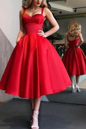 red satin corset ball gown tea length prom dress