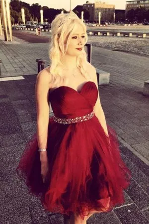 blood red strapless beaded short homecoming dress