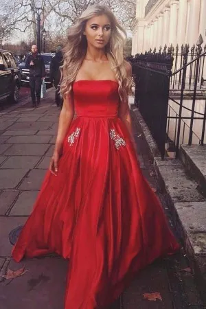 strapless red beaded pockets A line prom dress