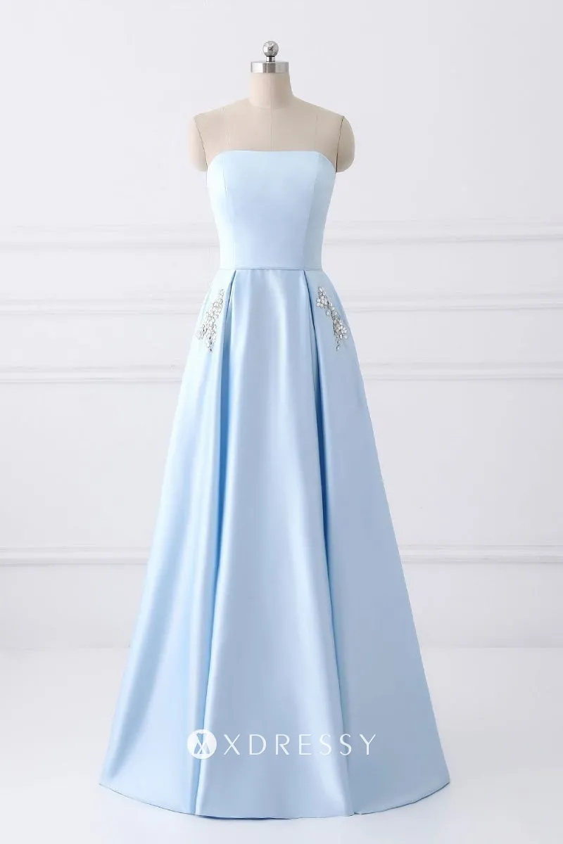 strapless red beaded pockets A line prom dress
