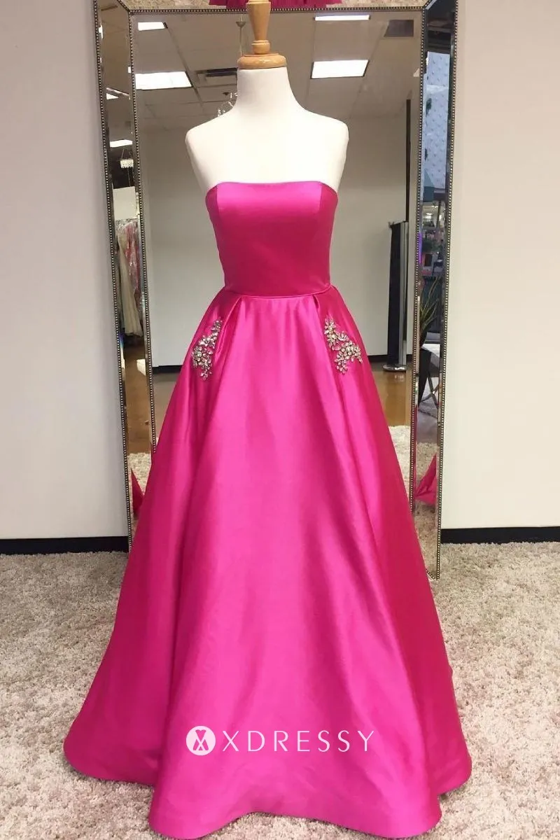 strapless red beaded pockets A line prom dress