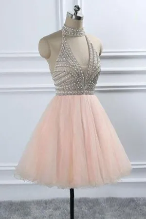 halter V neck beaded top pink short cocktail dress