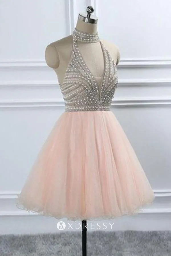 halter V neck beaded top pink short cocktail dress halter V neck beaded top pink short cocktail dress
