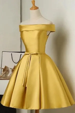 gold satin off the shoulder short cocktail dress