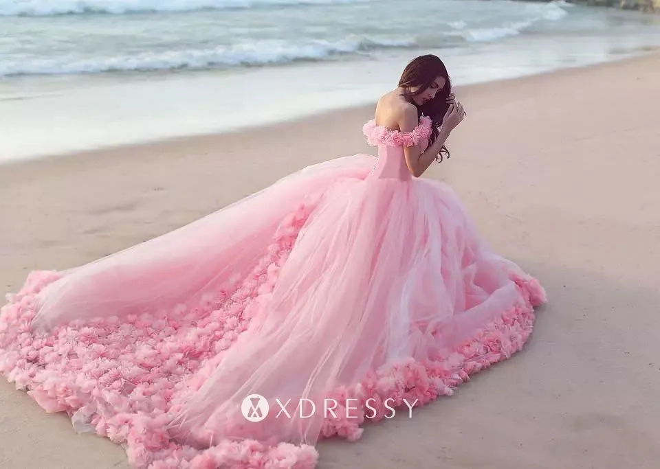 3D flowers embellished fairy formal ball gown with long train