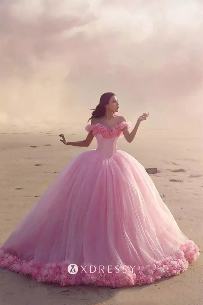 off the shoulder fairy pink formal ball gown