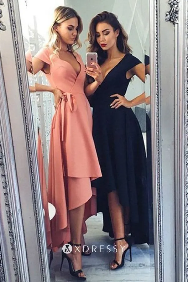 deep V neck cap sleeve pink graduation dress deep V neck cap sleeve pink graduation dress
