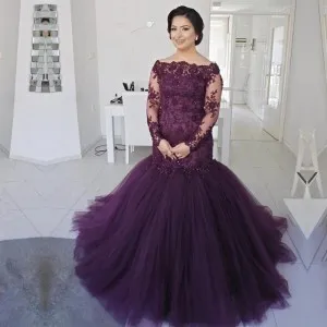 illusion long sleeve plum lace tulle formal gown