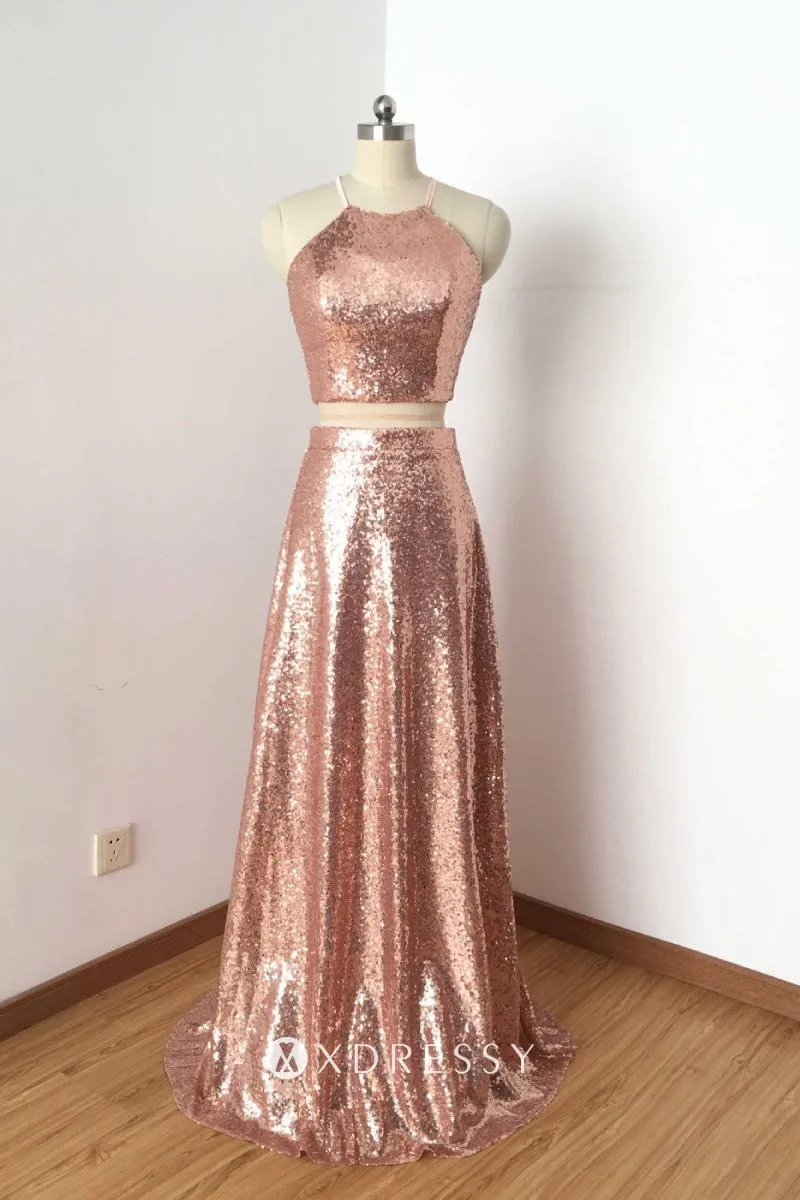 halter neck nude sequin two piece bridesmaid dress halter neck nude sequin two piece bridesmaid dress