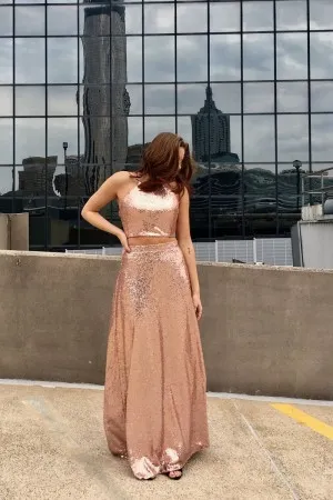 sparkly nude sequin two piece bridesmaid dress