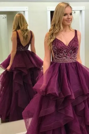 V neck beaded plum flounced tulle prom ball gown