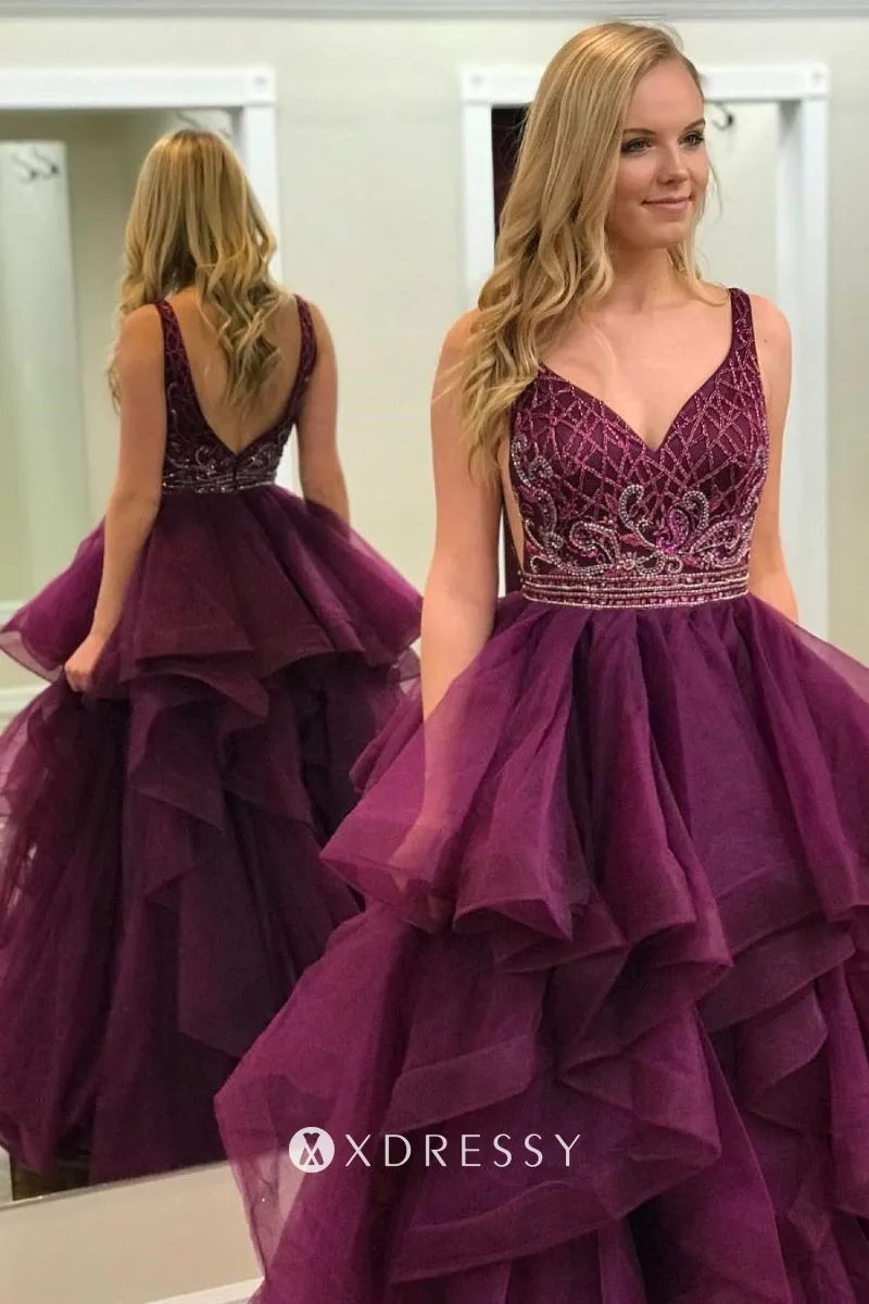 V neck beaded plum flounced tulle prom ball gown V neck beaded plum flounced tulle prom ball gown