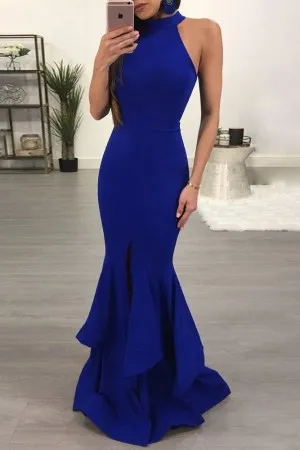cobalt blue spandex ruffled mermaid long prom gown