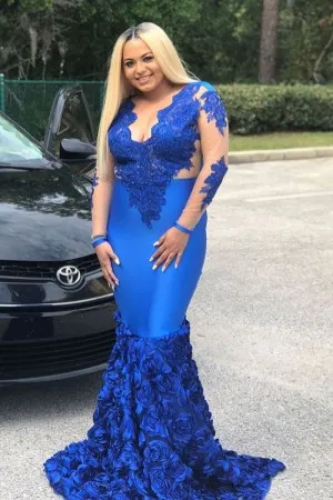 scalloped lace 3D rose illusion blue prom dress