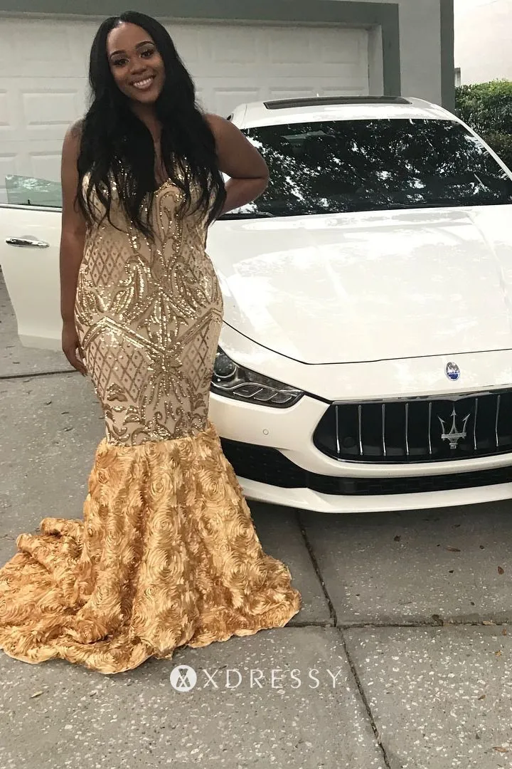 V neck gold sequin 3D rose mermaid long prom gown V neck gold sequin 3D rose mermaid long prom gown