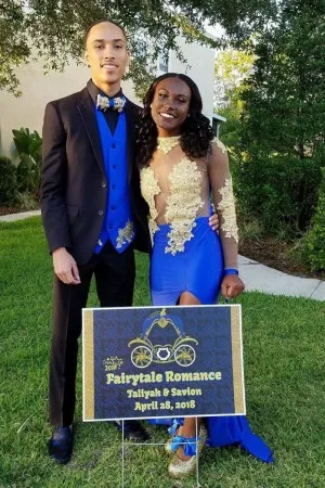 sheer gold lace royal blue high slit prom dress