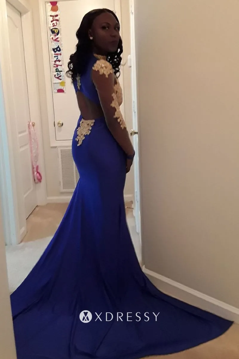 sheer gold lace royal blue high slit prom dress