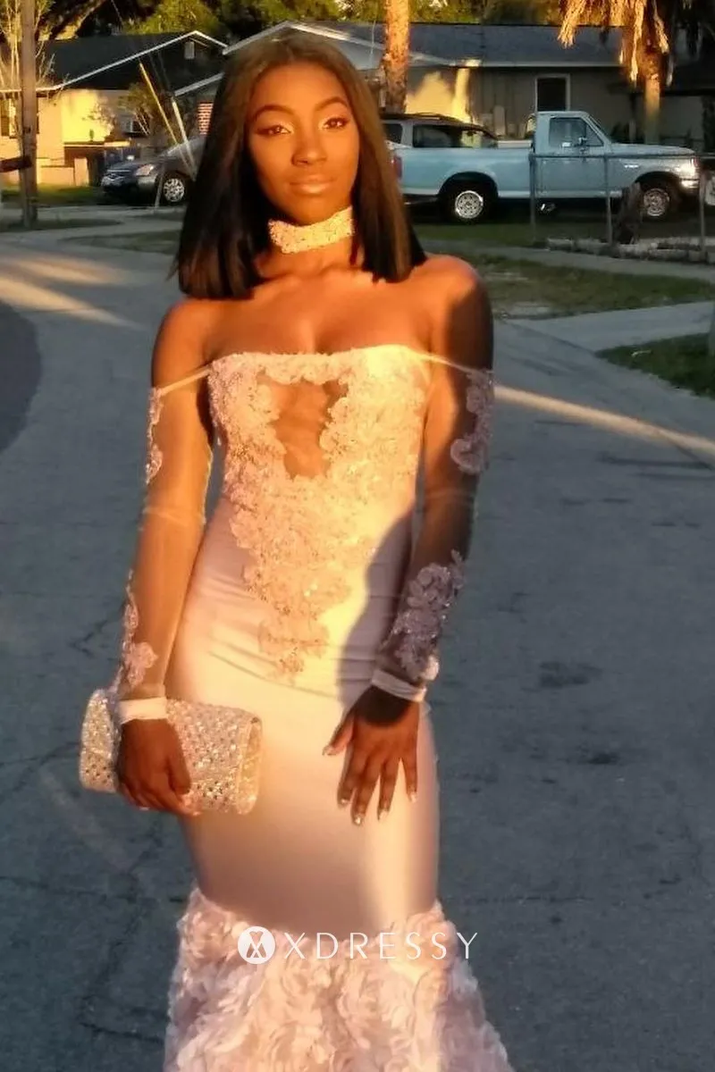 long sleeve 3D rose blush prom dress long sleeve 3D rose blush prom dress