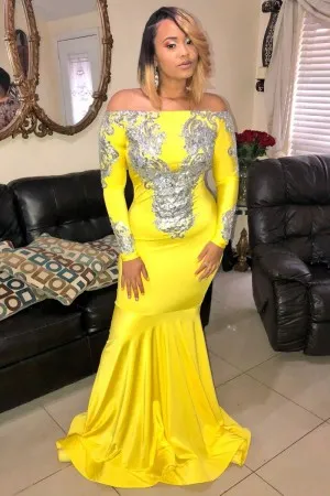 off the shoulder silver sequin yellow prom dress