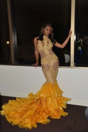 transparent yellow lace feather mermaid prom dress