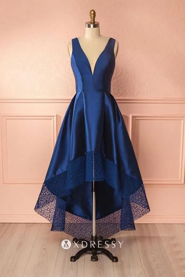 Sleeveless Navy Blue Satin Lace High 
