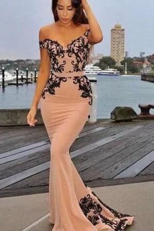 black lace appliqued nude mermaid long prom dress